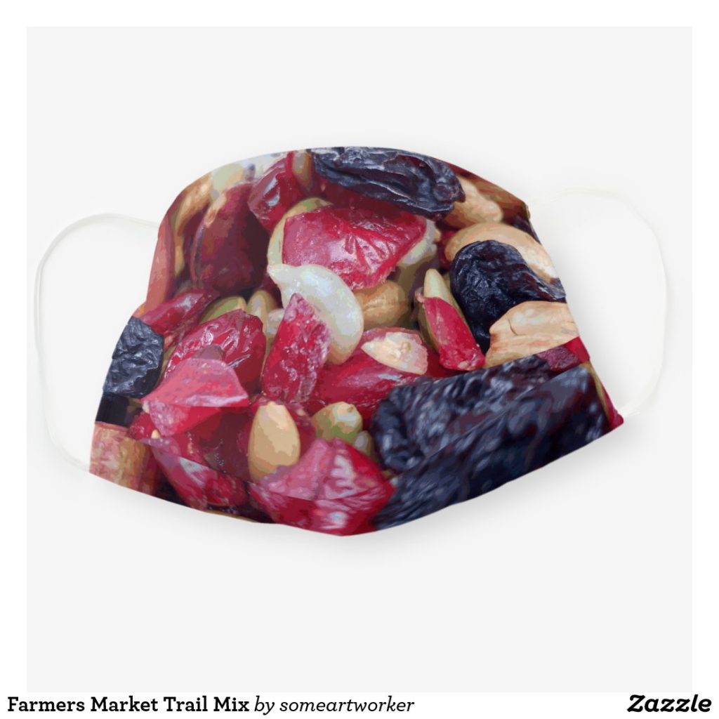 Farmers Market Trail Mix Cloth Face Mask Cover front unfolded on Zazzle by someartworker