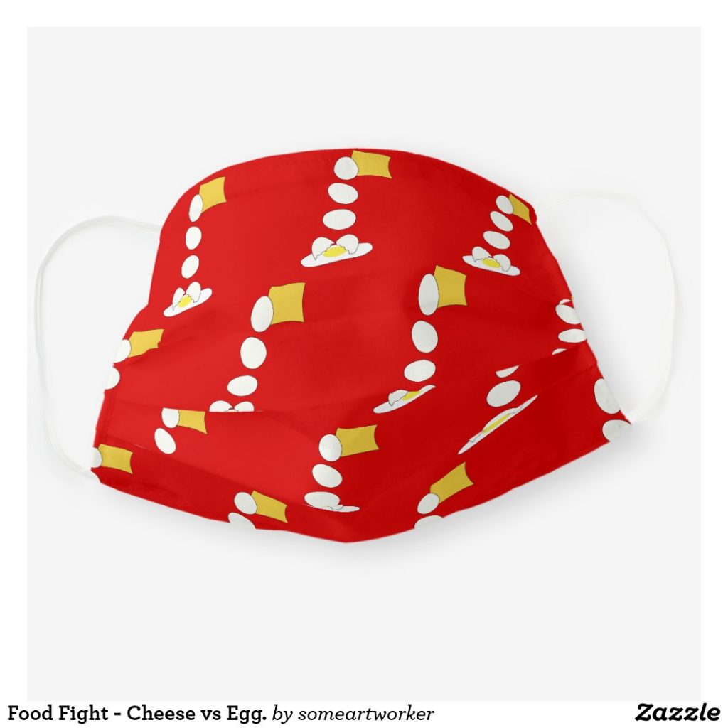 Food Fight - Cheese vs Egg. Cloth Face Mask Cover front unfolded on Zazzle by someartworker