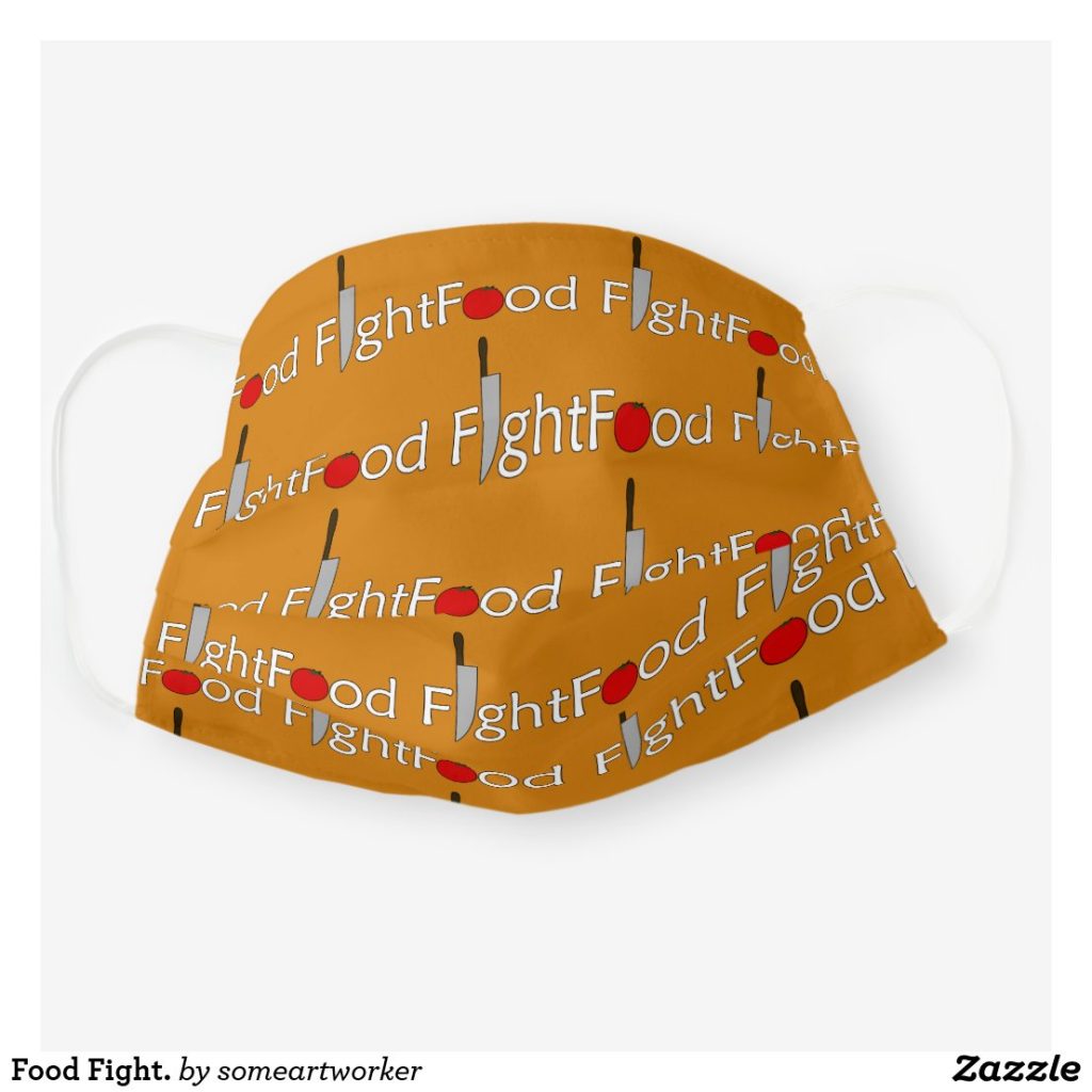 Food Fight. Cloth Face Mask Cover front unfolded on Zazzle by someartworker