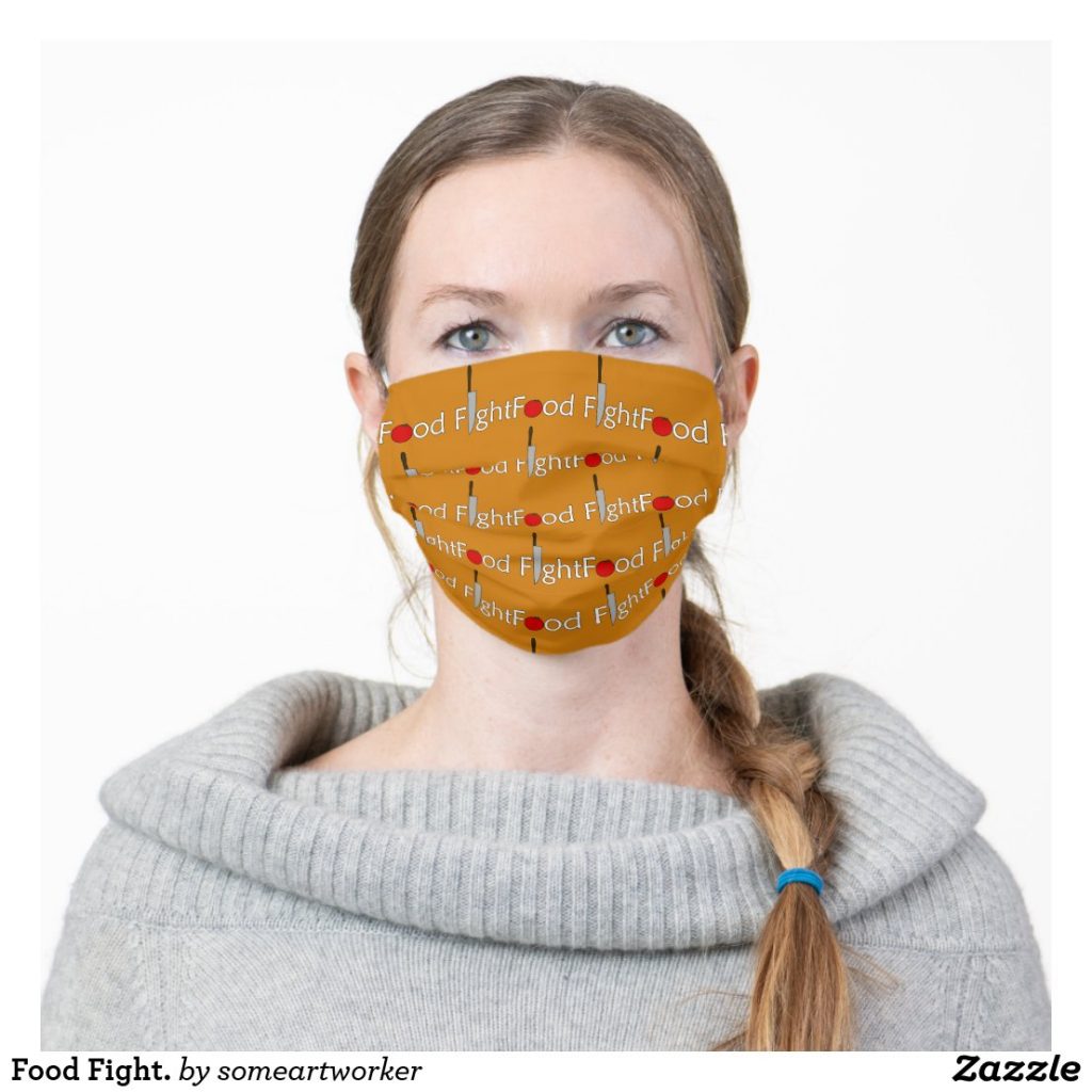 Food Fight. Cloth Face Mask Cover worn on Zazzle by someartworker