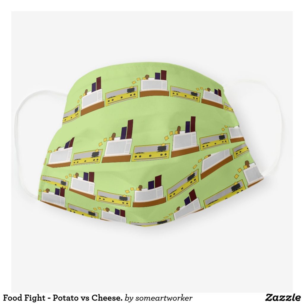 Food Fight - Potato vs Cheese. Cloth Face Mask Cover front unfolded on Zazzle by someartworker