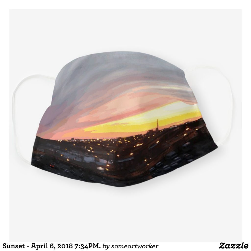 Sunset - April 6, 2018 7:34PM. Cloth Face Mask Cover front unfolded on Zazzle by someartworker