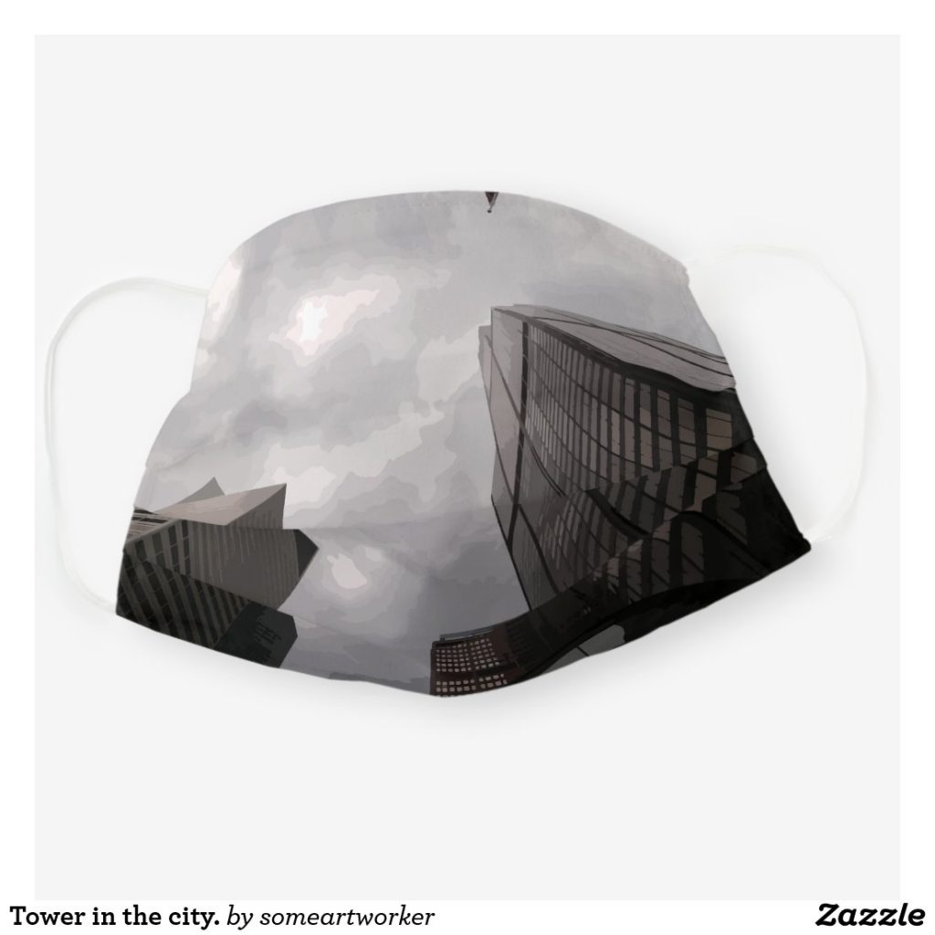 Tower in the city. Cloth Face Mask Cover front unfolded on Zazzle by someartworker