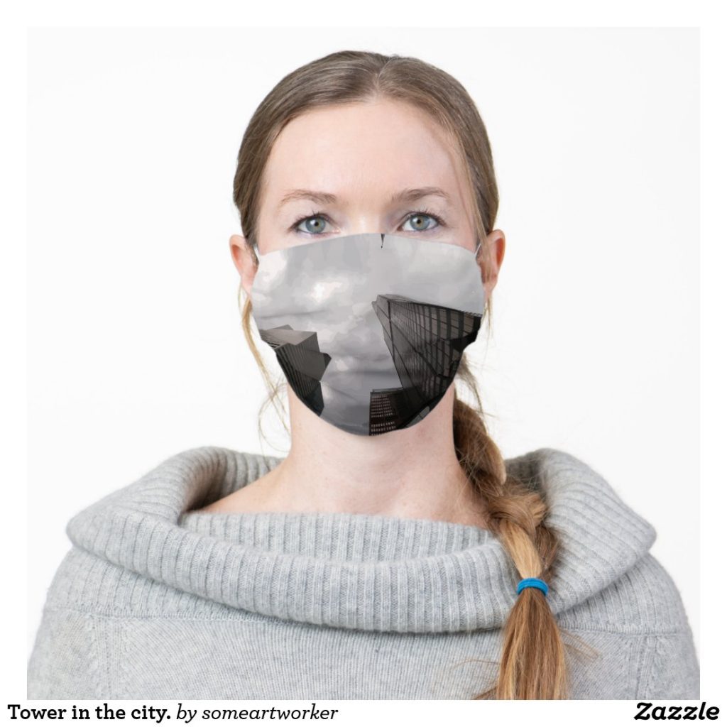 Tower in the city. Cloth Face Mask Cover worn on Zazzle by someartworker